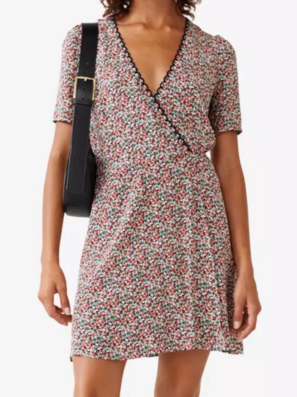 & Other Stories Pink Floral Mini Wrap Dress with Black Edge